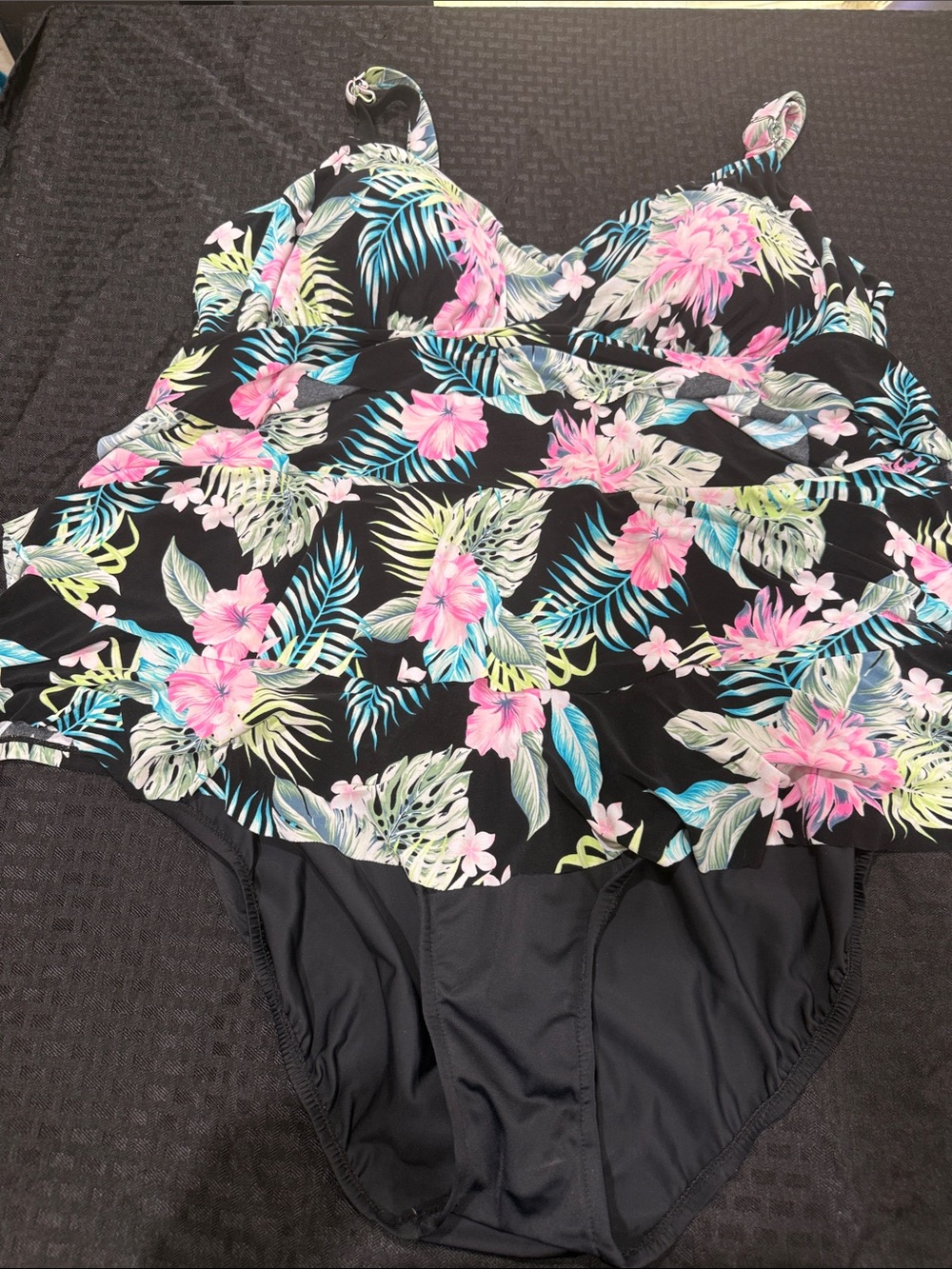 Bal Harbour Swim Floral Ruffled Black 1-Piece Swimsuit with Pink & Teal Size 20W